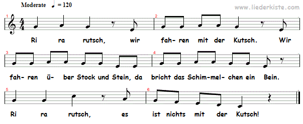 Ri ra rutsch, wir fahren mit der Kutsch - Notenblatt | Liederkiste.com