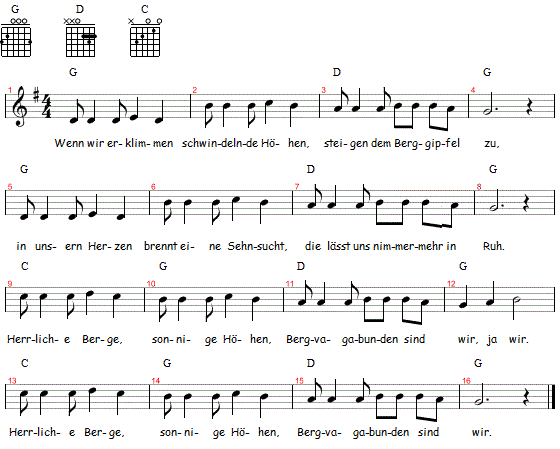 Bergvagabunden, Noten und Gitarrenakkorde