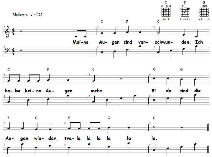 Meine Augen sind verschwunden, Noten