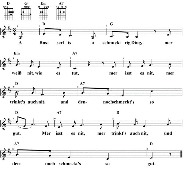 A Busserl is a schnuckrig Ding, Noten mit Liedtext und Gitarrenakkorden D-Dur