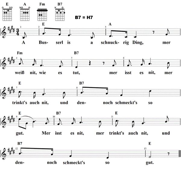 A Busserl is a schnuckrig Ding, Noten mit Liedtext und Gitarrenakkorden E-Dur