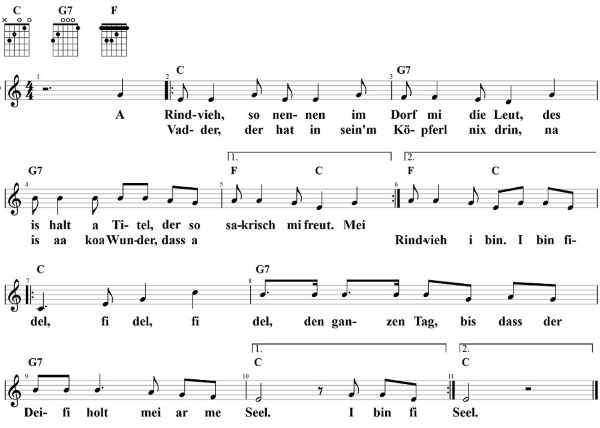 I bin fidel, Noten mit Liedtext und Gitarrenakkorden C-Dur