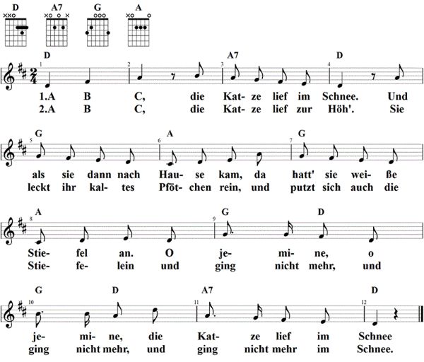 A B C, die Katze lief im Schnee, Noten mit Liedtext und Gitarrenakkorden D-Dur