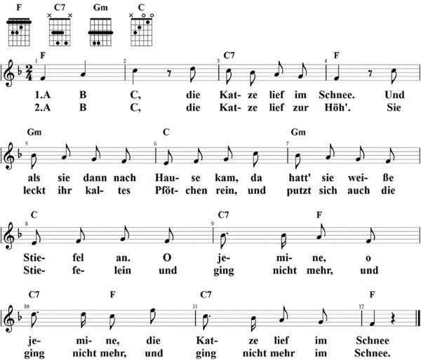 A B C, die Katze lief im Schnee, Noten mit Liedtext und Gitarrenakkorden F-Dur
