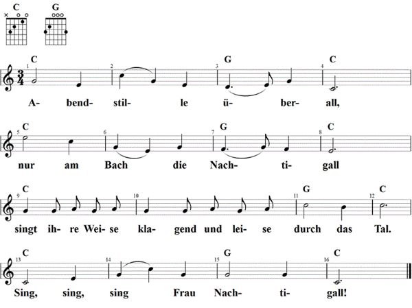 Abendstille überall, Noten mit Liedtext und Gitarrenakkorden C-Dur
