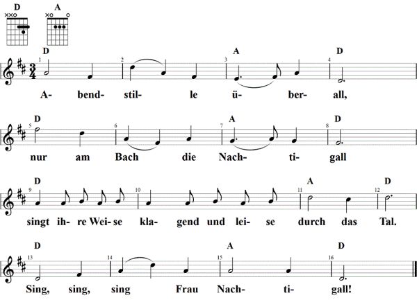 Abendstille überall, Noten mit Liedtext und Gitarrenakkorden D-Dur
