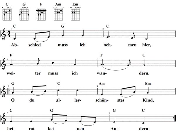Abschied muss ich nehmen hier, Noten mit Liedtext und Gitarrenakkorden C-Dur