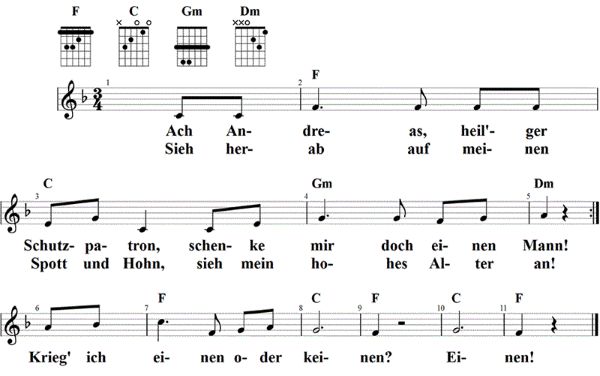 Ach Andreas, heil'ger Schutzpatron, Noten mit Liedtext und Gitarrenakkorden F-Dur