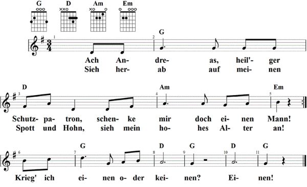 Ach Andreas, heil'ger Schutzpatron, Noten mit Liedtext und Gitarrenakkorden G-Dur