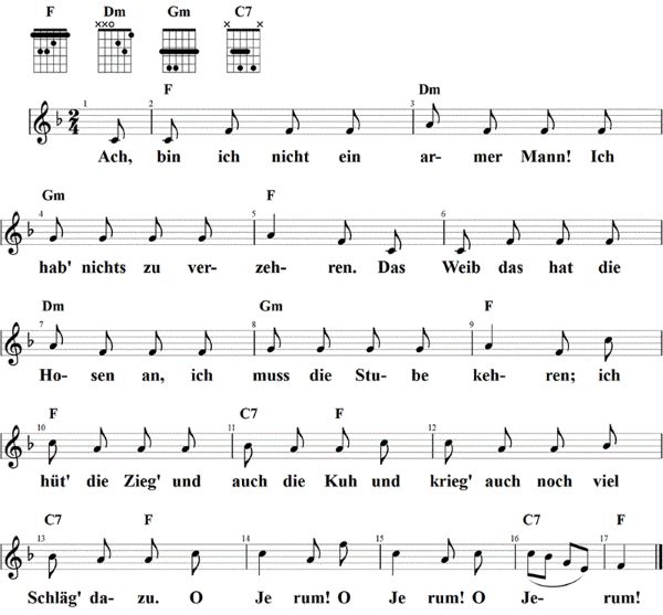 Ach, bin ich nicht ein armer Mann, Noten mit Liedtext und Gitarrenakkorden F-Dur