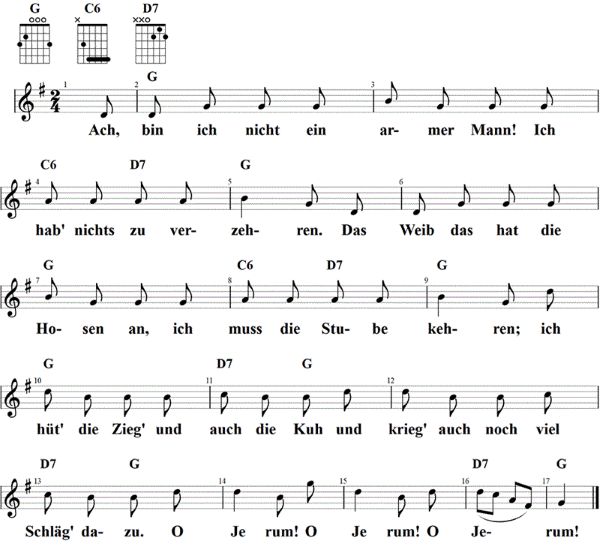 Ach, bin ich nicht ein armer Mann, Noten mit Liedtext und Gitarrenakkorden G-Dur