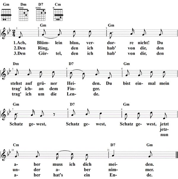 Ach, Blümlein blau, Noten mit Liedtext und Gitarrenakkorden G-Moll
