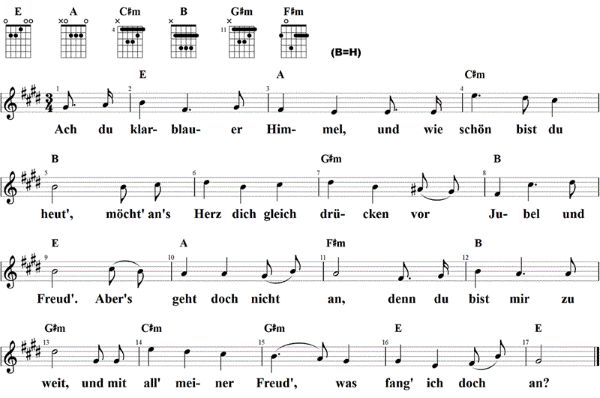 Ach du klarblauer Himmel, Noten mit Liedtext und Gitarrenakkorden E-Dur