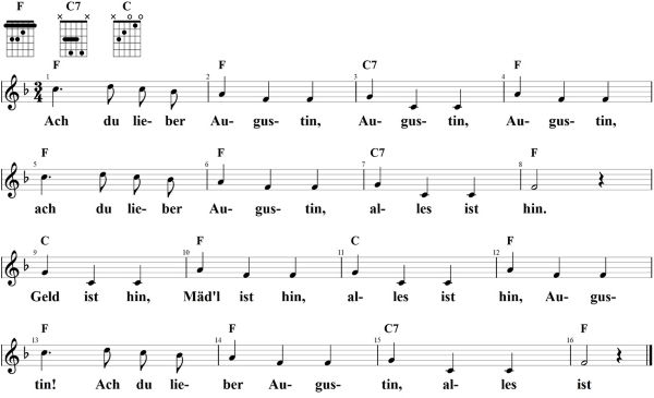 Ach du lieber Augustin, Noten mit Liedtext und Gitarrenakkorden F-Dur