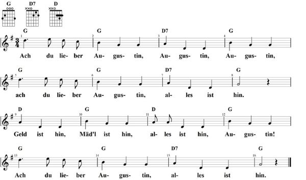 Ach du lieber Augustin, Noten mit Liedtext und Gitarrenakkorden G-Dur