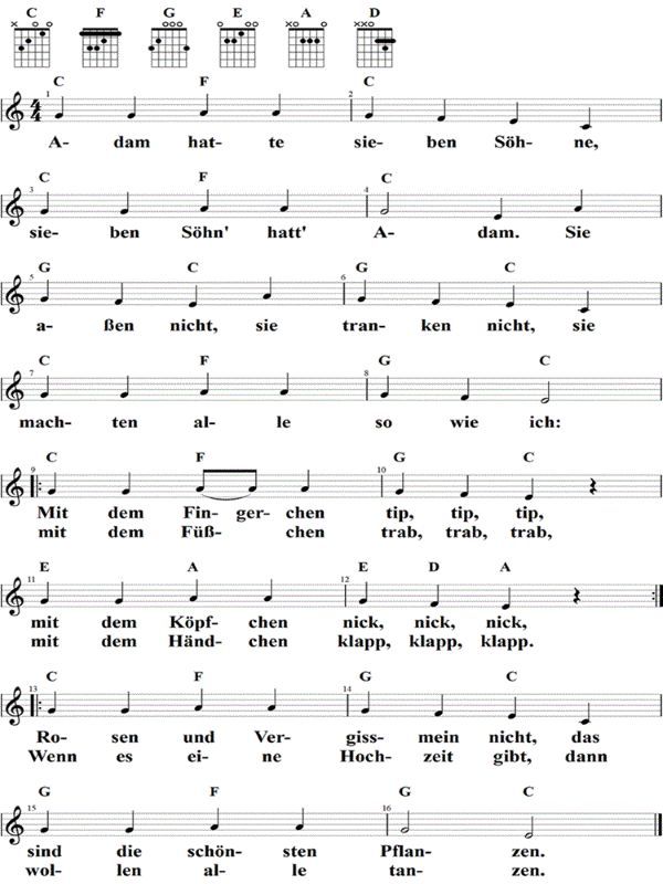 Adam hatte sieben Söhne, Noten mit Liedtext und Gitarrenakkorden C-Dur