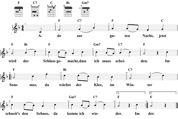Ade, zur guten Nacht, Noten mit Liedtext und Gitarrenakkorden (F)