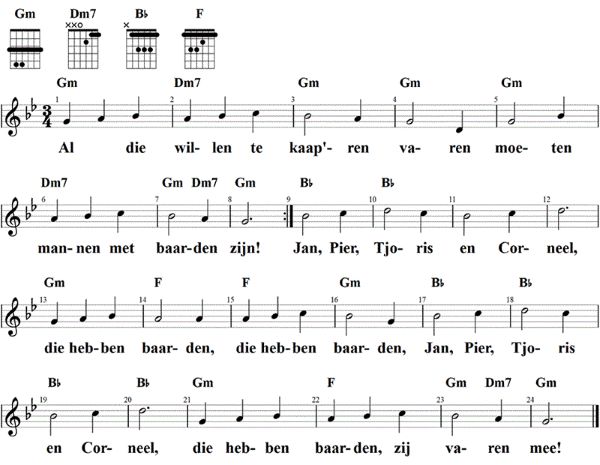 Al die willen te kaap'ren varen, Noten mit Liedtext und Gitarrenakkorden G-Moll