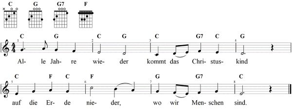 Alle Jahre wieder, Noten mit Liedtext und Gitarrenakkorden C-Dur