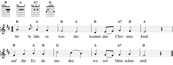 Alle Jahre wieder, Noten mit Liedtext und Gitarrenakkorden (D)