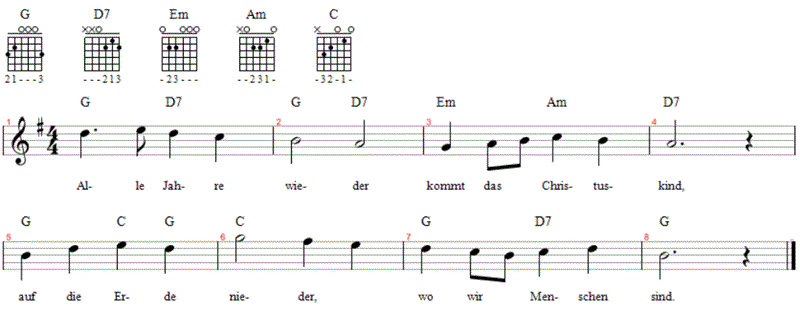 Alle Jahre wieder, Noten mit Liedtext und Gitarrenakkorden (G)