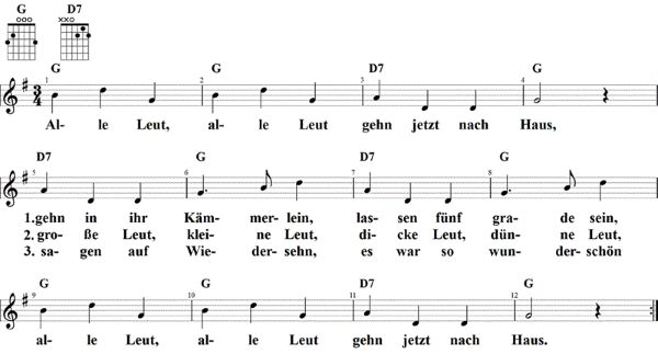 Alle Leut gehen jetzt nach Haus, Noten mit Liedtext und Gitarrenakkorden G-Dur