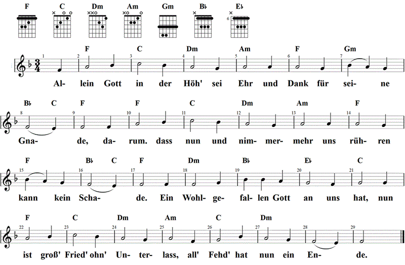 Allein Gott in der Höh sei Ehr, Noten mit Liedtext und Gitarrenakkorden (F)