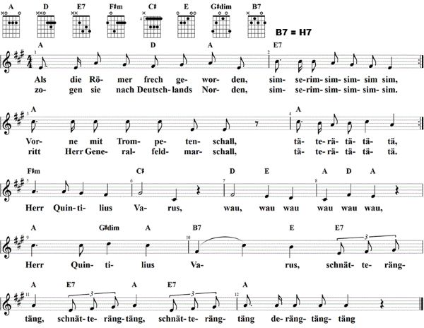 Als die Römer frech geworden, Noten mit Liedtext und Gitarrenakkorden A-Dur