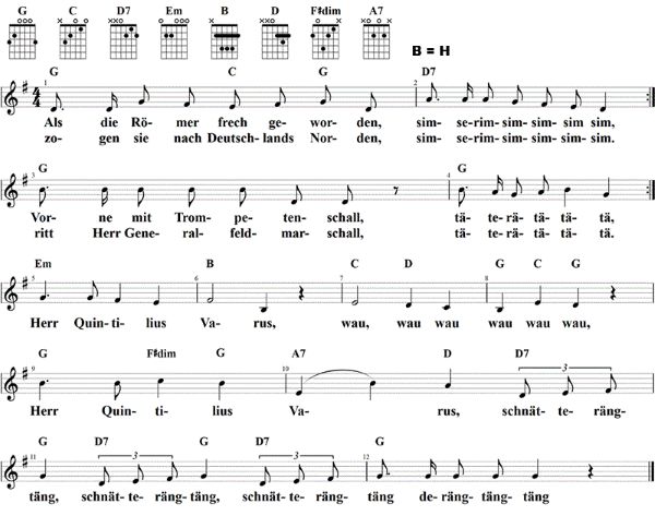 Als die Römer frech geworden, Noten mit Liedtext und Gitarrenakkorden G-Dur