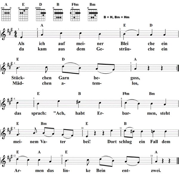 Als ich auf meiner Bleiche, Noten mit Liedtext und Gitarrenakkorden A-Dur