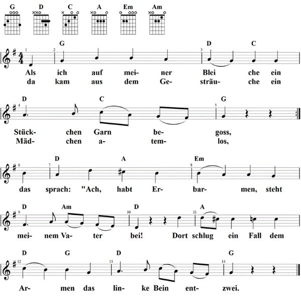 Als ich auf meiner Bleiche, Noten mit Liedtext und Gitarrenakkorden G-Dur