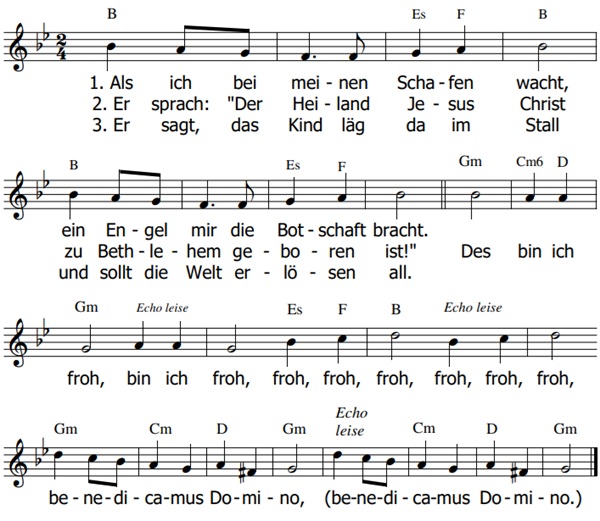 Als ich bei meinen Schafen wacht, Noten mit Liedtext und Gitarrenakkorden (Bb)