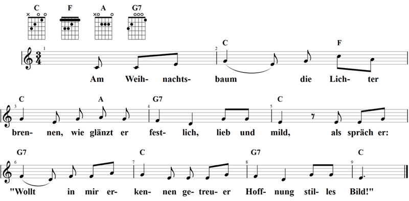Am Weihnachtsbaum die Lichter brennen, Noten mit Liedtext und Gitarrenakkorden (C)