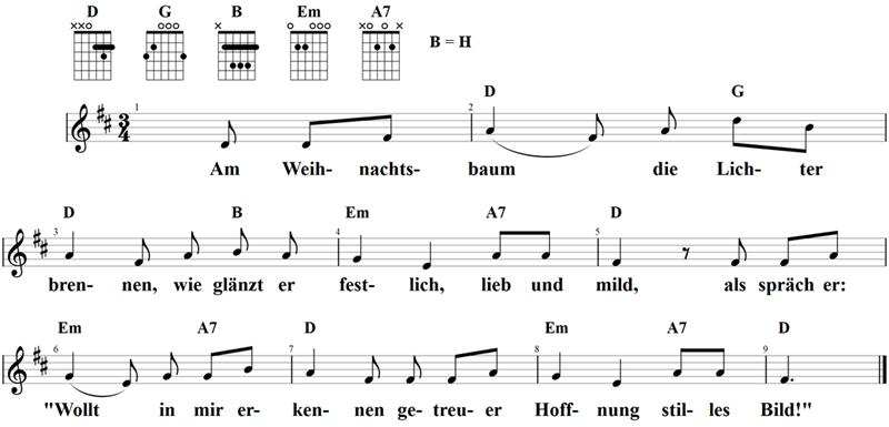 Am Weihnachtsbaum die Lichter brennen, Noten mit Liedtext und Gitarrenakkorden (C)