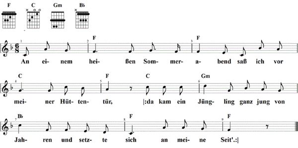 An einem heißen Sommerabend, Noten mit Liedtext und Gitarrenakkorden F-Dur