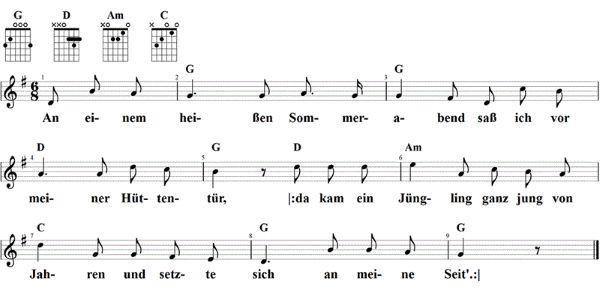 An einem heißen Sommerabend, Noten mit Liedtext und Gitarrenakkorden G-Dur
