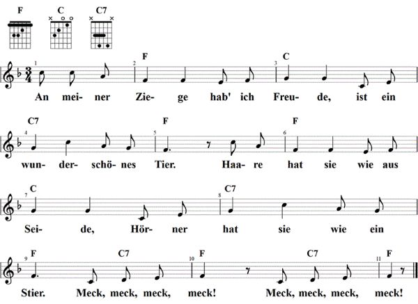 An meiner Ziege hab' ich Freude, Noten mit Liedtext und Gitarrenakkorden F-Dur