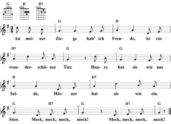 An meiner Ziege hab' ich Freude, Noten mit Liedtext und Gitarrenakkorden G-Dur