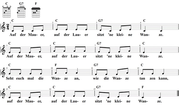 Auf der Mauer, auf der Lauer, Noten mit Liedtext und Gitarrenakkorden (C)