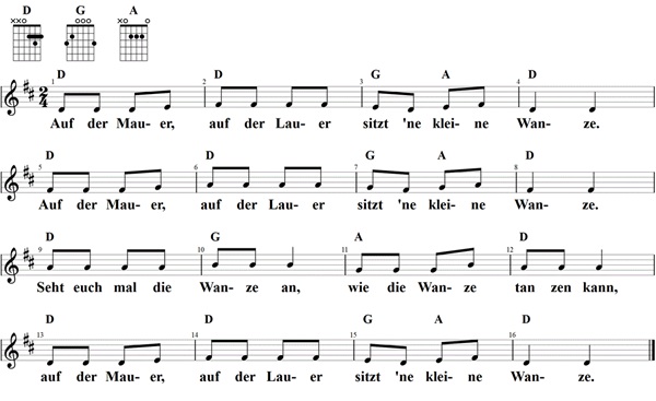 Auf der Mauer, auf der Lauer, Noten mit Liedtext und Gitarrenakkorden (D)