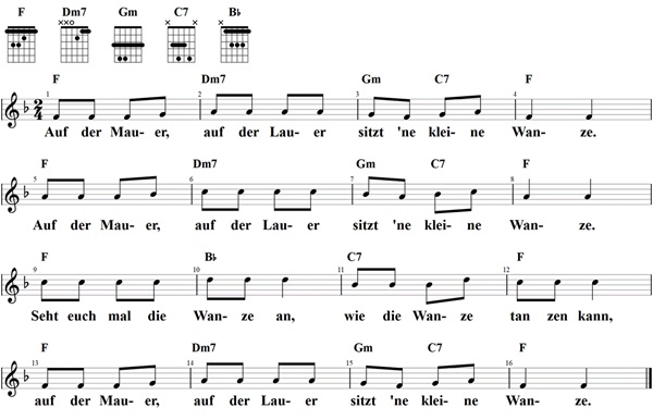 Auf der Mauer, auf der Lauer, Noten mit Liedtext und Gitarrenakkorden (F)