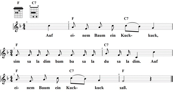 Auf einem Baum ein Kuckuck saß, Noten mit Liedtext und Gitarrenakkorden F-Dur