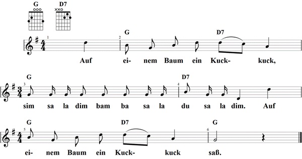 Auf einem Baum ein Kuckuck saß, Noten mit Liedtext und Gitarrenakkorden (G)