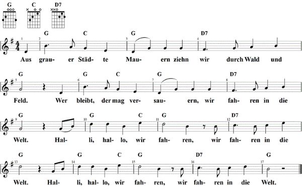 Aus grauer Städte Mauern, Noten mit Liedtext und Gitarrenakkorden G-Dur