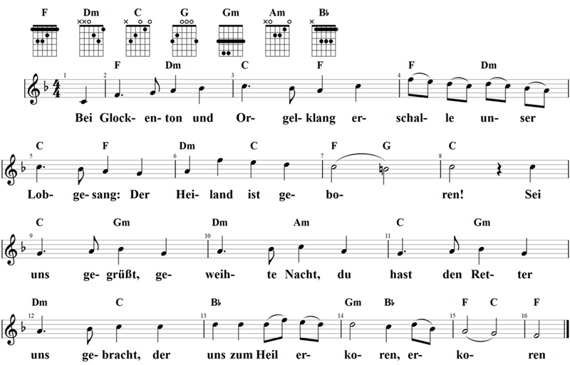 Bei Glockenton und Orgelklang, Noten mit Liedtext und Gitarrenakkorden (F)