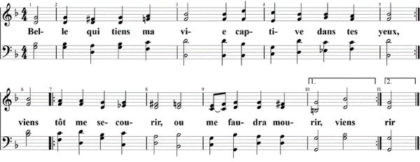 Belle qui tiens ma vie, Noten mit Liedtext, 4-stimmig, Keyboard oder Klavier