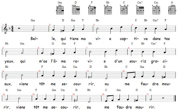 Belle qui tiens ma vie, Noten mit Liedtext und Gitarrenakkorden