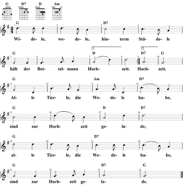 Widele, wedele, Noten mit Liedtext und Gitarrenakkorden G-Dur