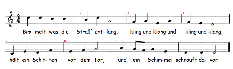 Bimmelt was die Straß' entlang, Noten