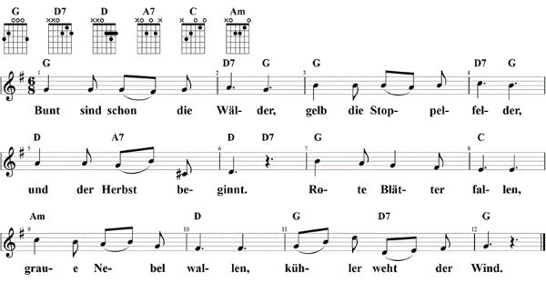 Bunt sind schon die Wälder, Noten mit Liedtext und Gitarrenakkorden G-Dur
